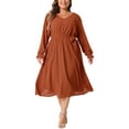 thumbnail image 2 of Vestido de puntos suizos de talla grande Agnes Orinda para mujeres, con cuello en V, mangas largas, cinturón atado, corte A, vestido midi fluido con bolsillos, 3X naranja, 2 of 6