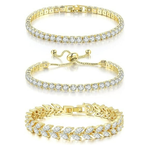 3 Pcs Tennis Bracelet Set 14K Gold Plated Marquise Cubic Zirconia CZ Diamond Dainty Adjustable Silver Bracelets for Women Brides Stackable Fashion Jewelry Wedding Prom Gift