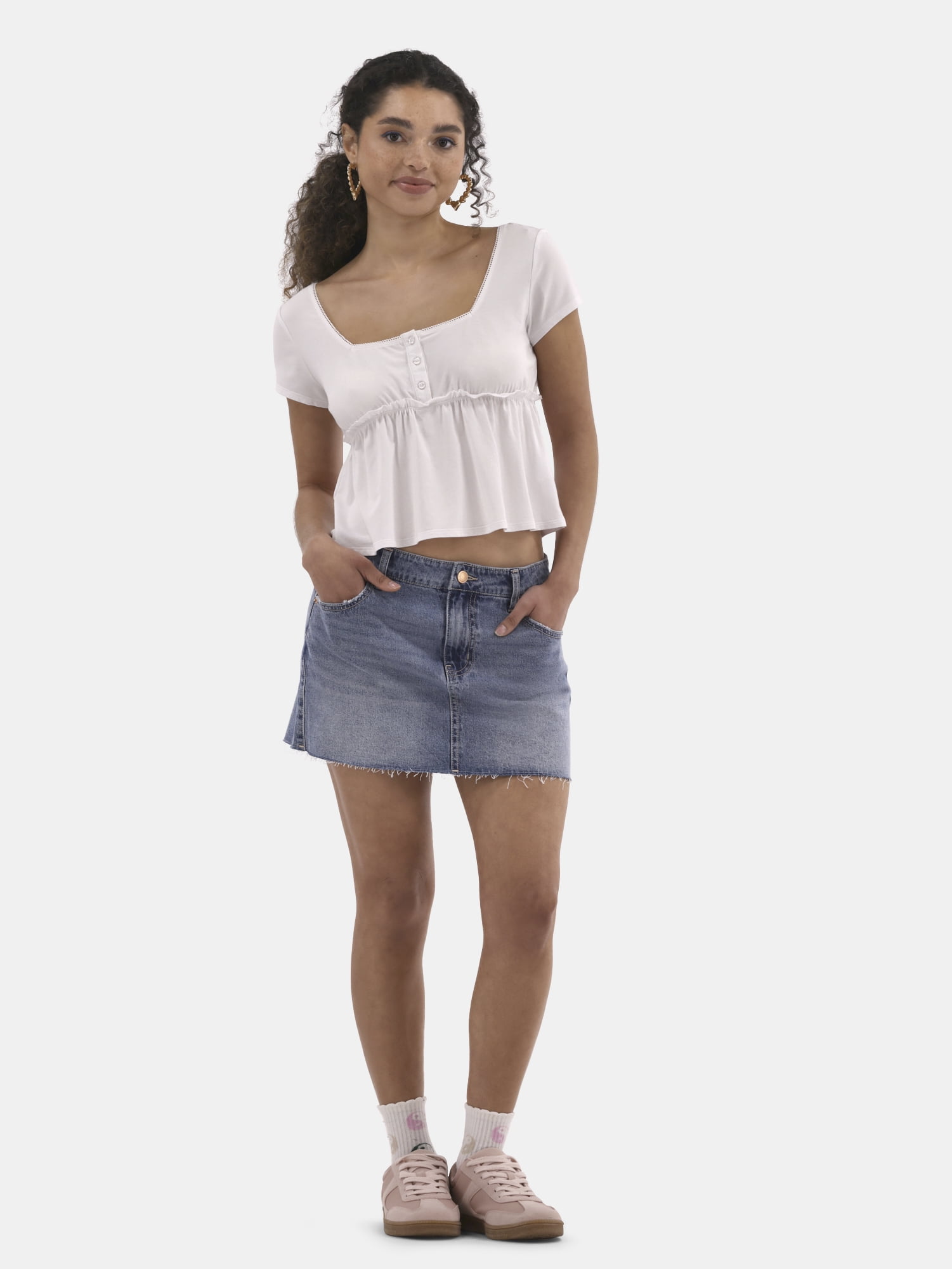 No Boundaries Babydoll Top with Short Sleeves, Women's