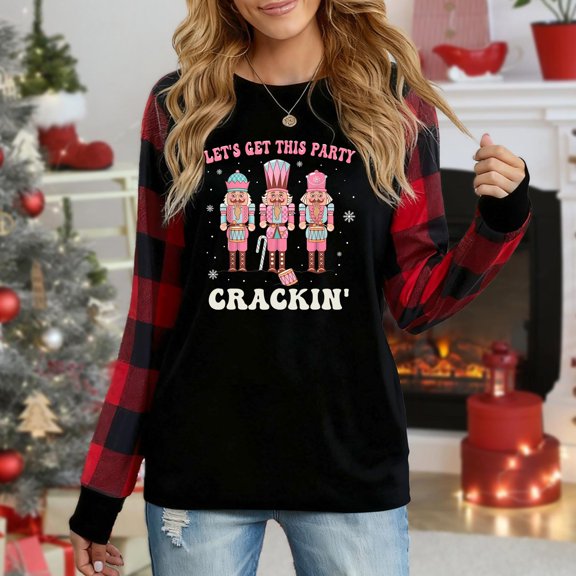 Women's Christmas Long Sleeve Top, Plaid Sleeve "Let's Get This Party Crackin' Nutcracker" Festive Graphic Sweatshirt