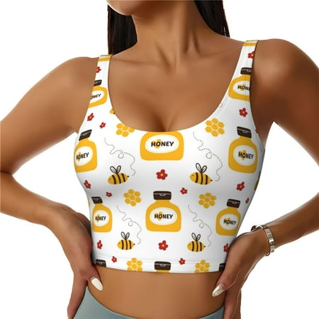 Jgfou Bees and Flowers Print Womens Sports Bra - Padded Workout Sports Bras Crop Tank Top