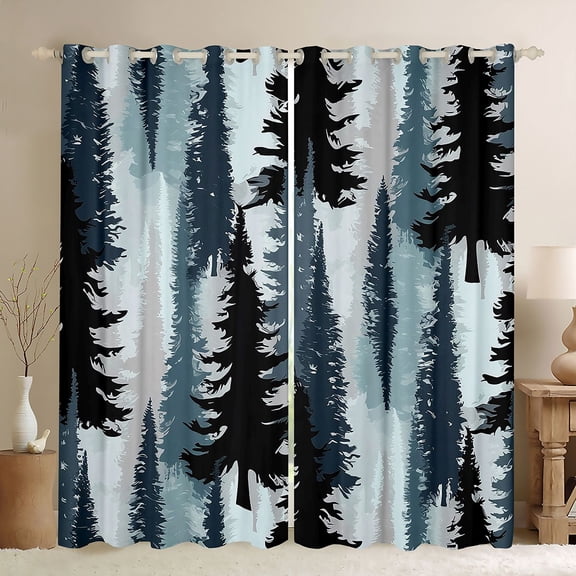 Homewish Blue Pine Tree Black Out Curtains, Vintage Western Countryside Curtains Pack of 2 (42x63 Each), Teens Adult Men Bedroom Curtains, Living Room Curtains Decor