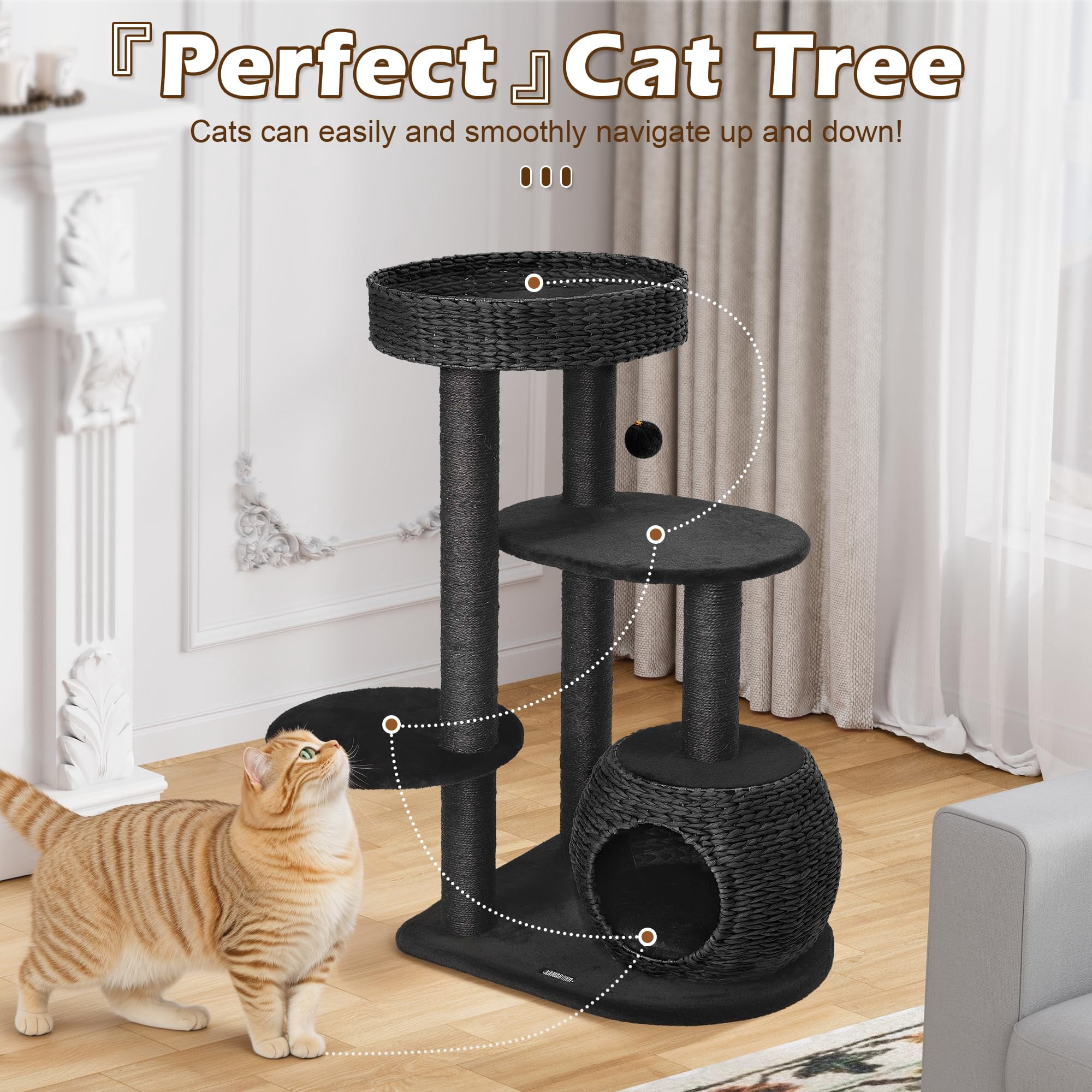 Modern Cat Tree for Indoor Cats, 39 Inch Tall Cat Tower with Scratching Posts, Hand-Woven Condo, Soft Perch & Plush Platforms, Natural Sisal Climbing Structure for Kittens to Play Rest Black
