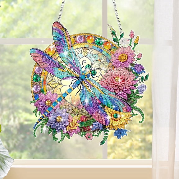 TSV DIY Dragonfly Diamond Painting Wreath, Wall Hanging Diamond Art Craft for Home Garden