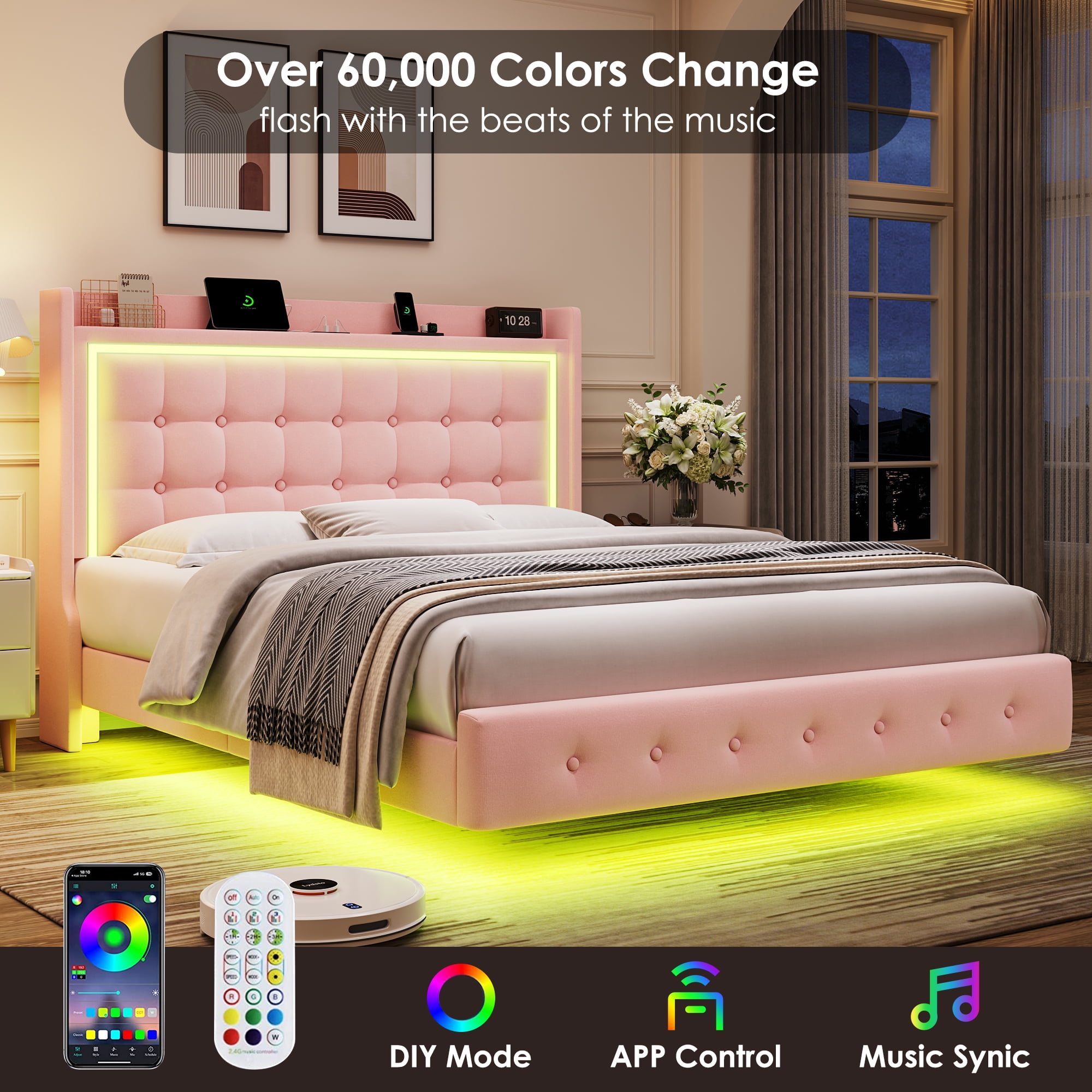 Homfa Full Size Floating Bed with RGB LED Lights Charging Station, Velvet Upholstered Platform Bed with Storage Headboard, Pink