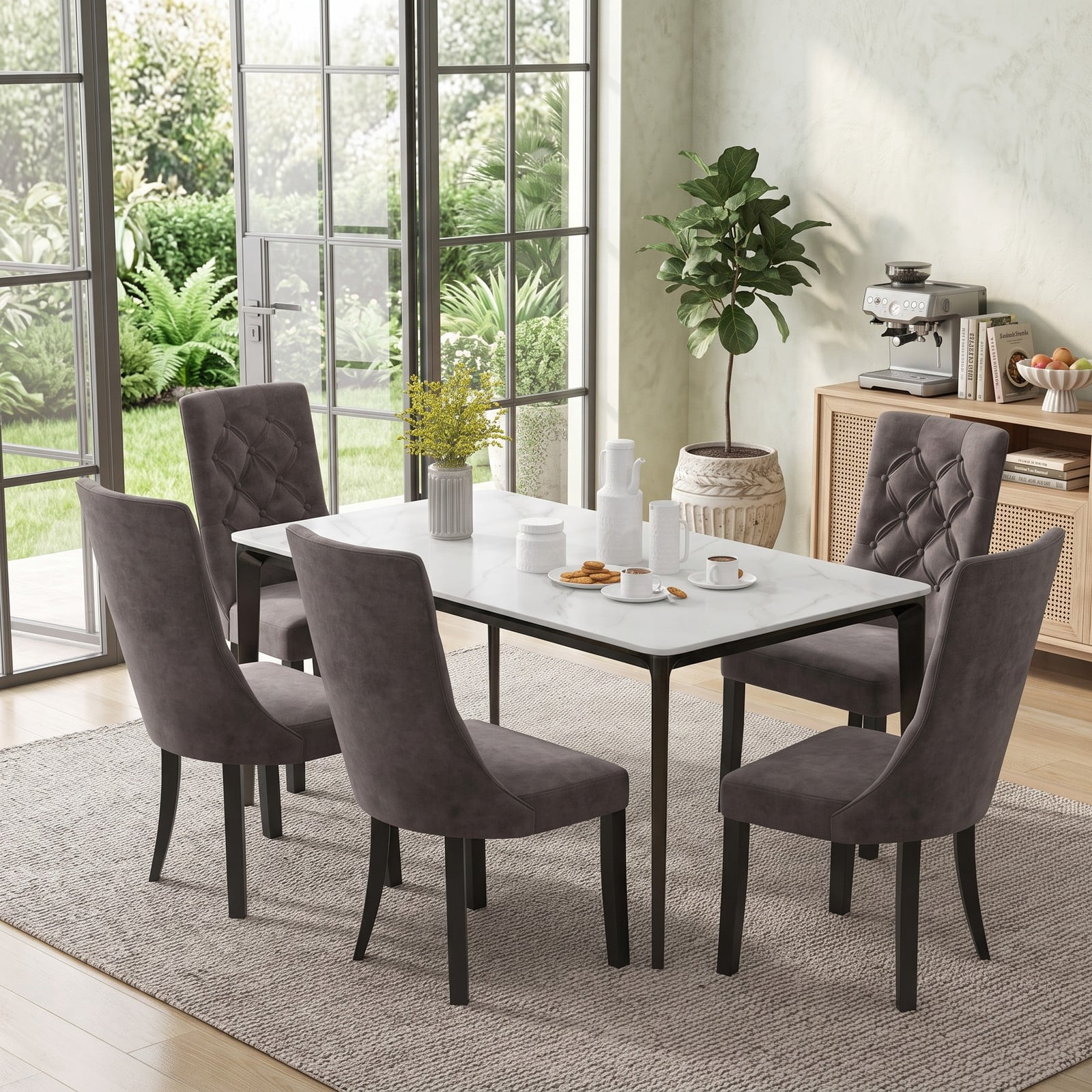 Furnibear Tufted Dining Chairs Set of 2, Upholstered Velvet Accent Side Chairs with High Backrest, Padded Seat and Rubber Wood Legs for Kitchen Living Room, Light Gray