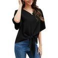 thumbnail image 4 of Uvplove Womens Tie Front Blouses V Neck Short Sleeve Chiffon Tops Dressy Casual Summer Shirts,Black,US Size L, 4 of 10