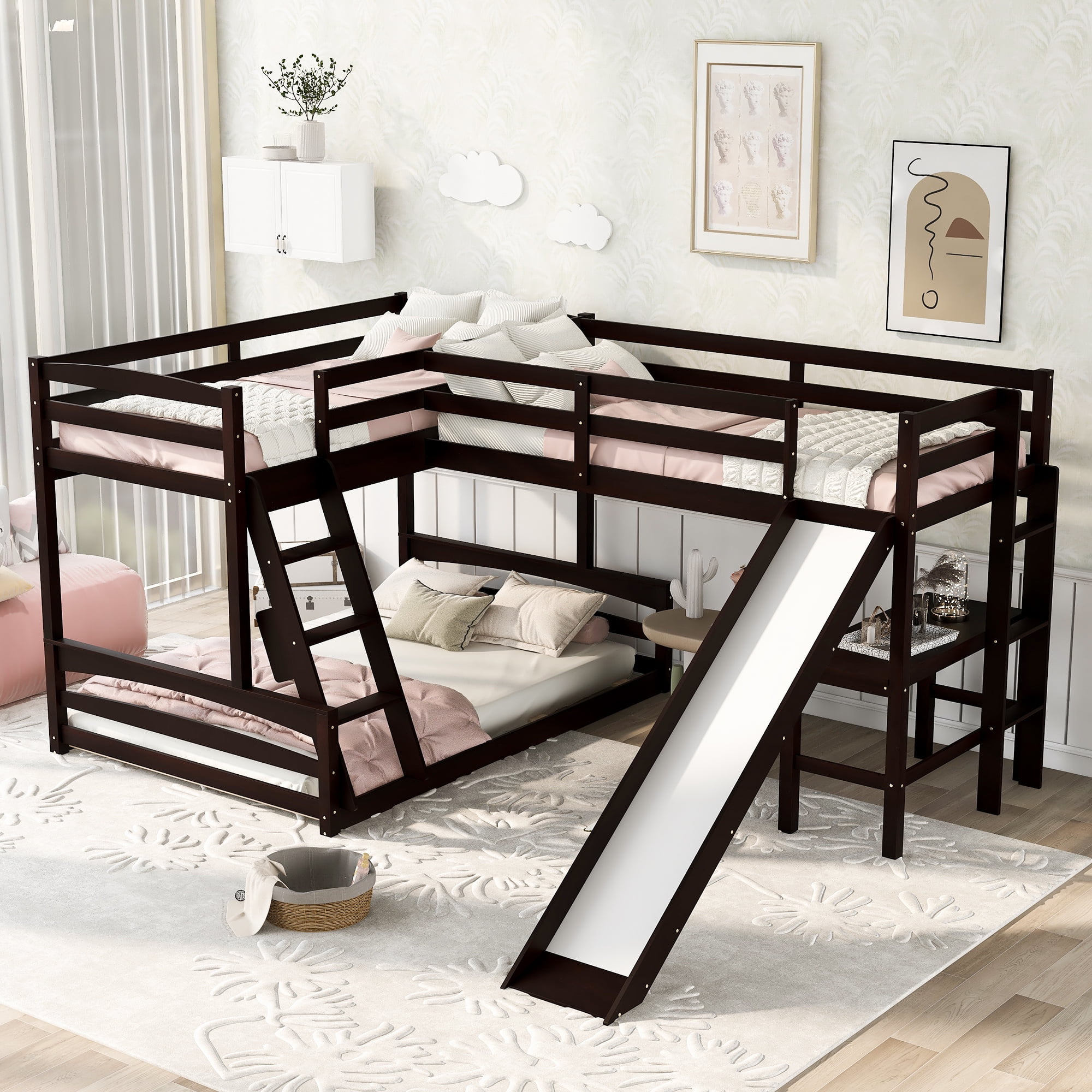 Aukfa Low Bunk Beds Twin Over Full Wooden Triple Loft Bed for Kids