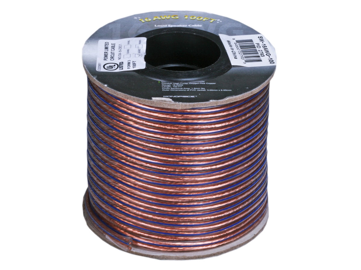 Monoprice Speaker Wire, Oxygen-Free CL2 Rated, 2-Conductor, 16AWG, 100ft