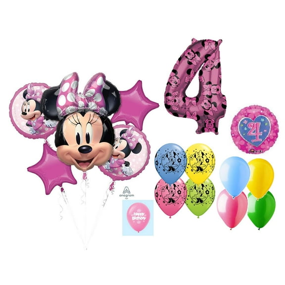 DalvayDelights Minnie Mouse 4th #4 Fourth Birthday Forever 16 Piece Mylar & Latex Balloons Bouquet Set New!