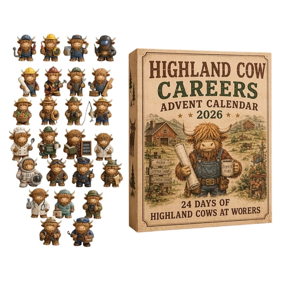 3D Highland Cow Careers Advent Calendar 24 Day Reveal Blind Box Figurine Set For Seasonal Display(Brown-26x18cm)