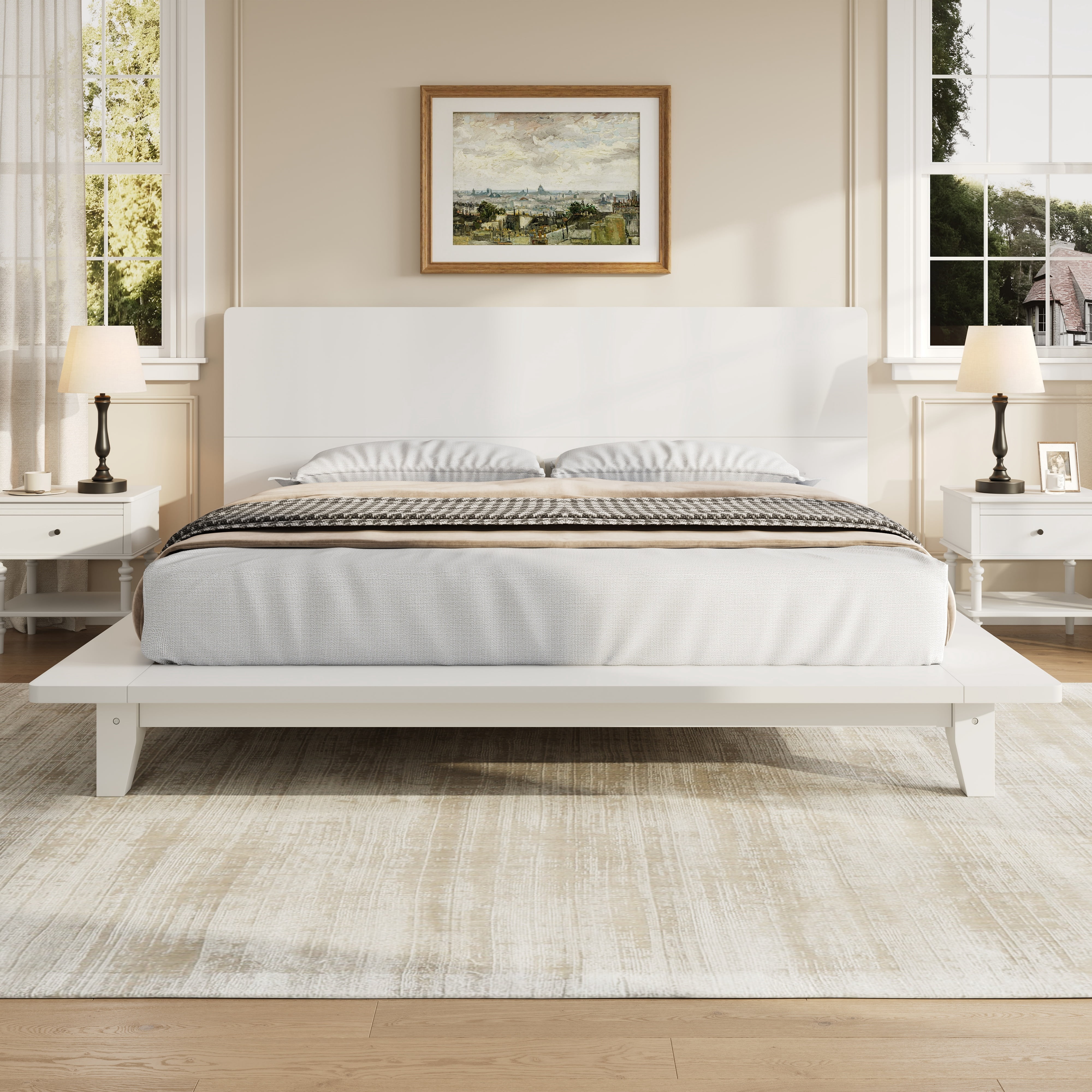 Mintazer King Size Platform Bed Frame with Headboard, Modern Bed with Slatted Support, No Box Spring Needed, White