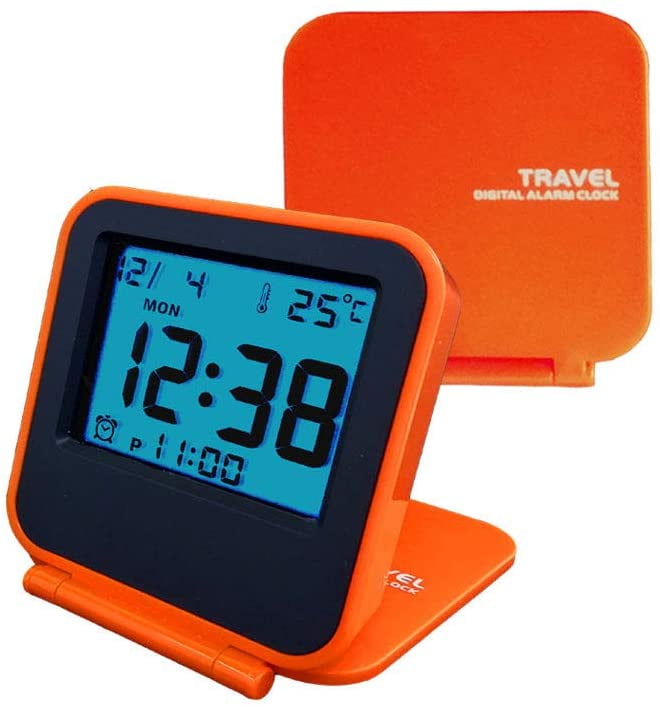 Egundo Compact Digital Travel Alarm Clocks Battery Operated Small Travel Clock With Night Light Portable Folding Mini Pocket Temperature Clock Easy To Set And Read Calendar Snooze Backlight Orange Walmart Com