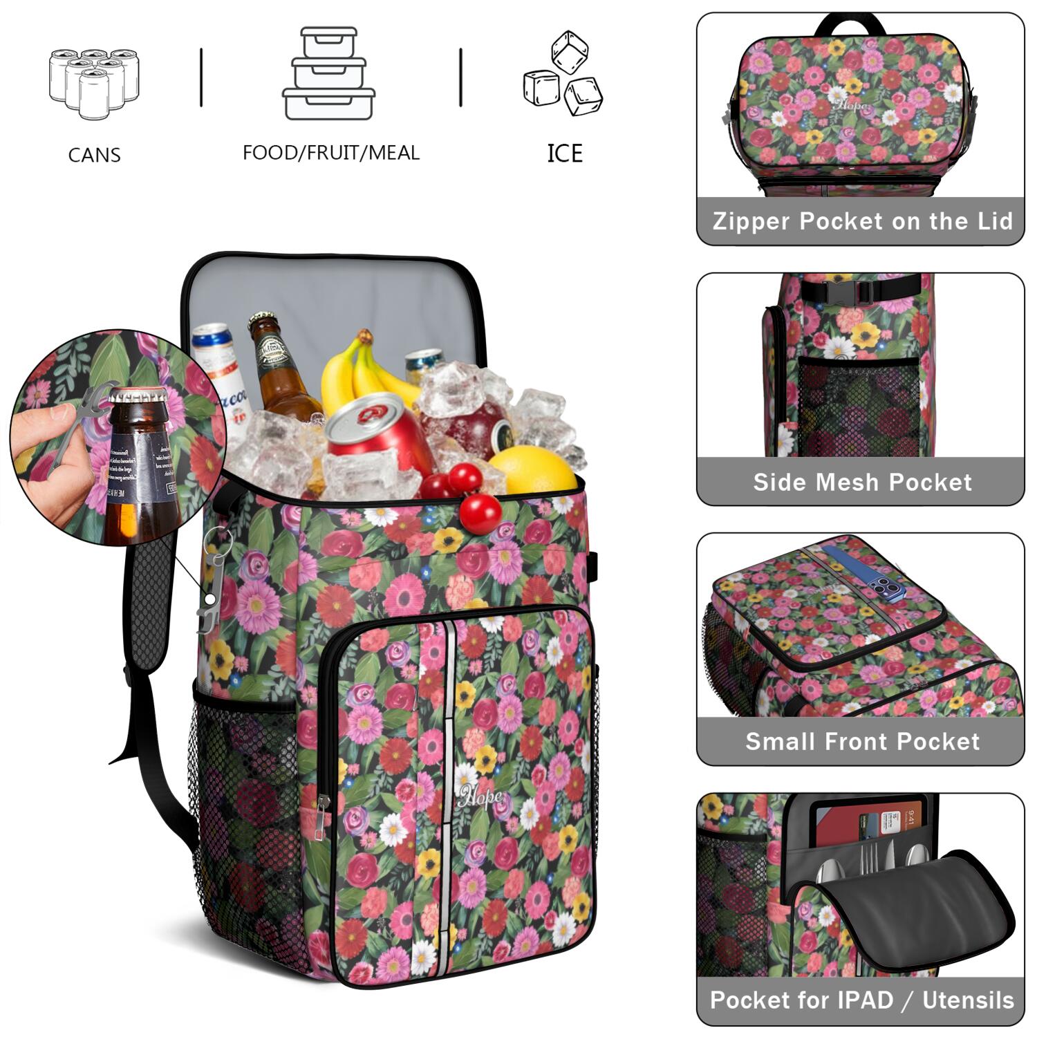 Travel Cooler Bag - Pioneer Flower Floral Print Pattern Camping Beer Cooler Backpack with Bottle Opener- Waterproof Insulated Picnic Backpacks - Cooler Bag for Beach