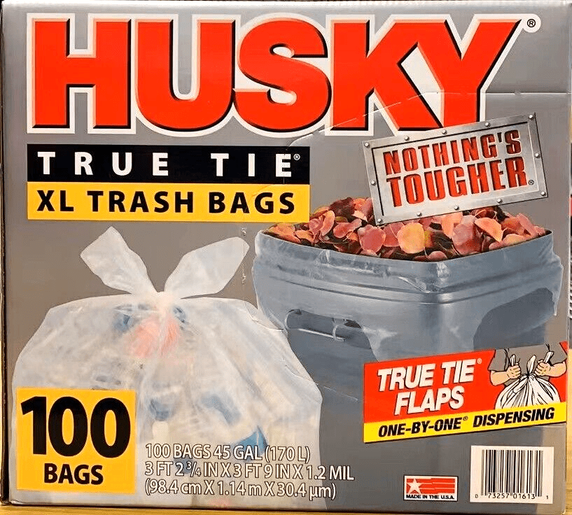 Husky True Tie XL Trash Bags, Clear, 45 Gallon, 100 ct