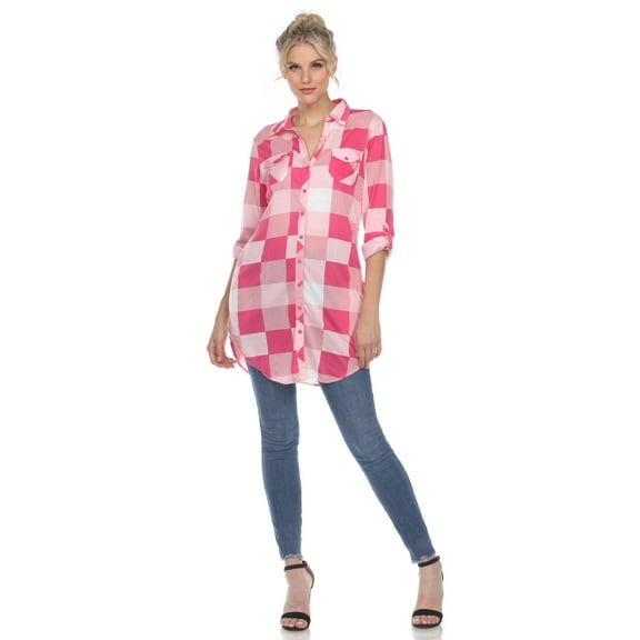 White Mark Women's Light Weight Plaid Print Tunic with Pockets