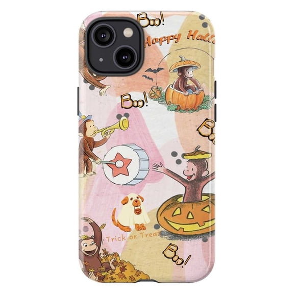 Kawaii Curious Monkey Halloween Phone Case, Cute Monkey Pumpkin Trick-or-Treat Design Protective Cover for iPhone 16 15 14 13 12 11 Pro Max Plus Mini