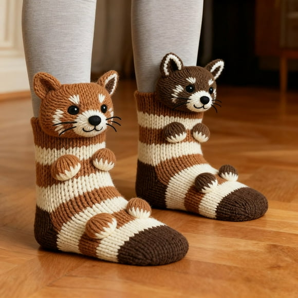 3D Knit Animal Socks for Men Women Kids Double Layer Warmth Hand Crocheted Style Novelty Design with Cute Animals Comfortable for Winter Daily Wear Casual Home Sock Set