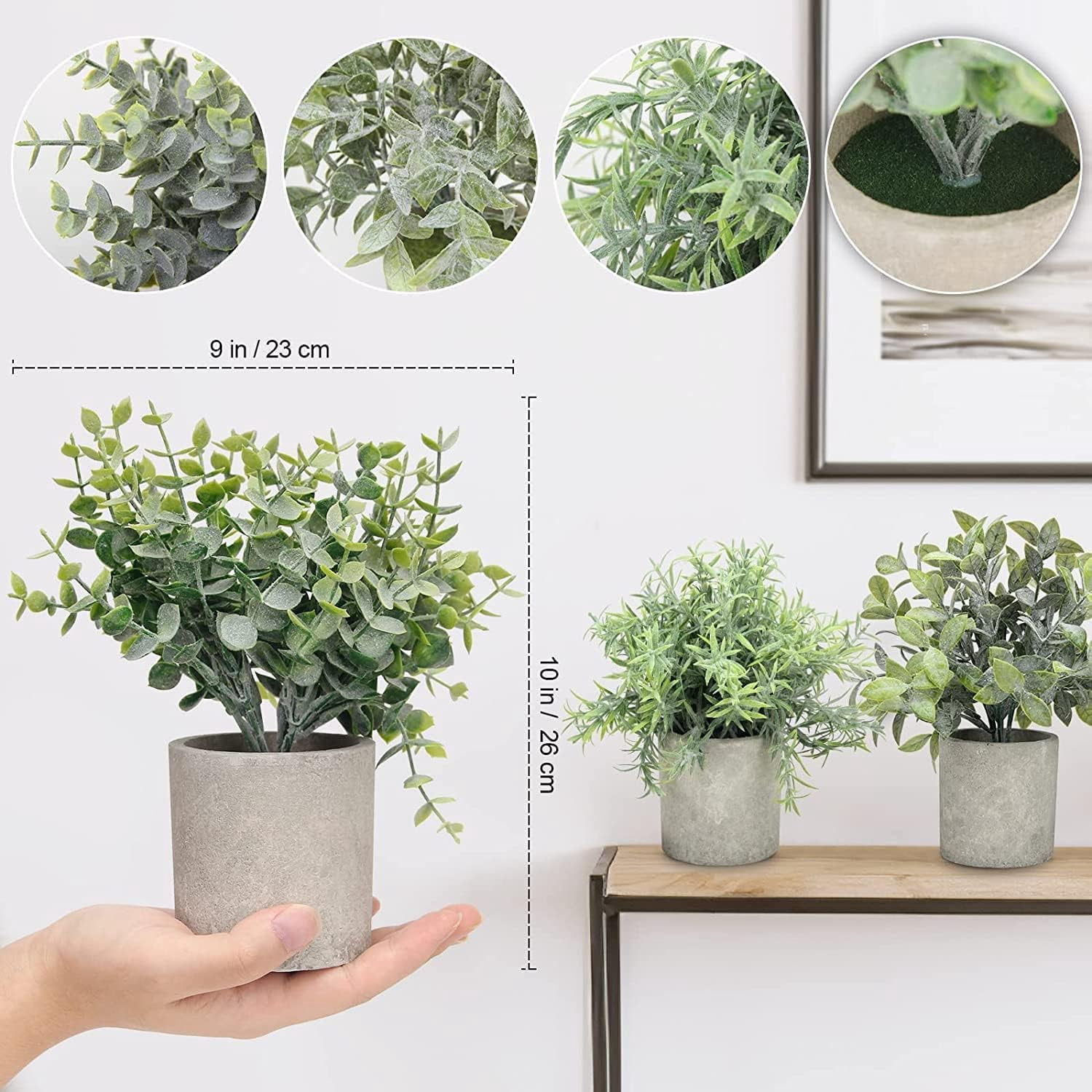 3 Pack Mini Potted Fake Plants Eucalyptus Rosemary Boxwood Artificial Plastic Plants for Bathroom Shelf Home Office Desk Table Decor Indoor