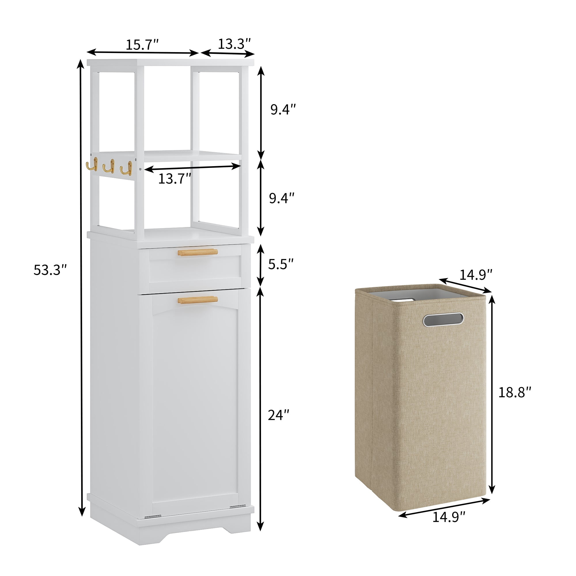 VECELO Tilt Out Laundry Hamper Cabinet, Hidden Drawer and 3 Hooks,2-Tier Storage Shelves with Removable Laundry Basket 53" Tall Bathroom Storage Organizer for Laundry Room, White