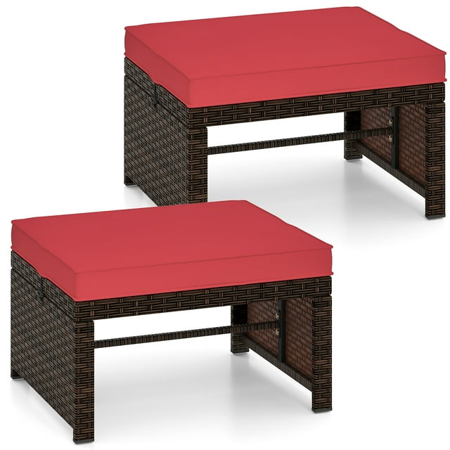 Gymax Set of 2 Patio PE Rattan Ottomans w/ Soft Zippered Cushions for Deck Outdoor Red
