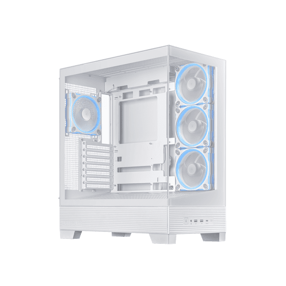 ASUS A31 PLUS White ATX Case offers a panoramic glass design, supports 360mm radiators and 380mm graphics cards, includes four pre-installed ARGB fans, and offers hidden BTF connectors