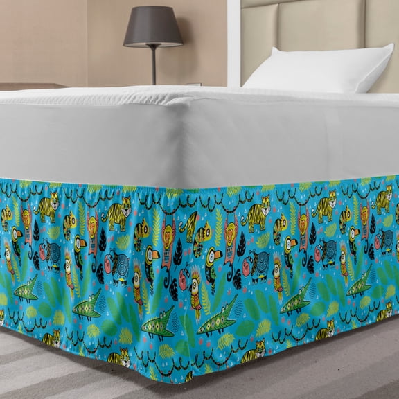 Animal Bed Skirt, Colorful Pattern of Various Jungle Animals in a Tropic Setting, Elastic Bedskirt Dust Ruffle Wrap Around for Bedding Decor, 4 Sizes, Deep Sky Blue Multicolor, by Ambesonne