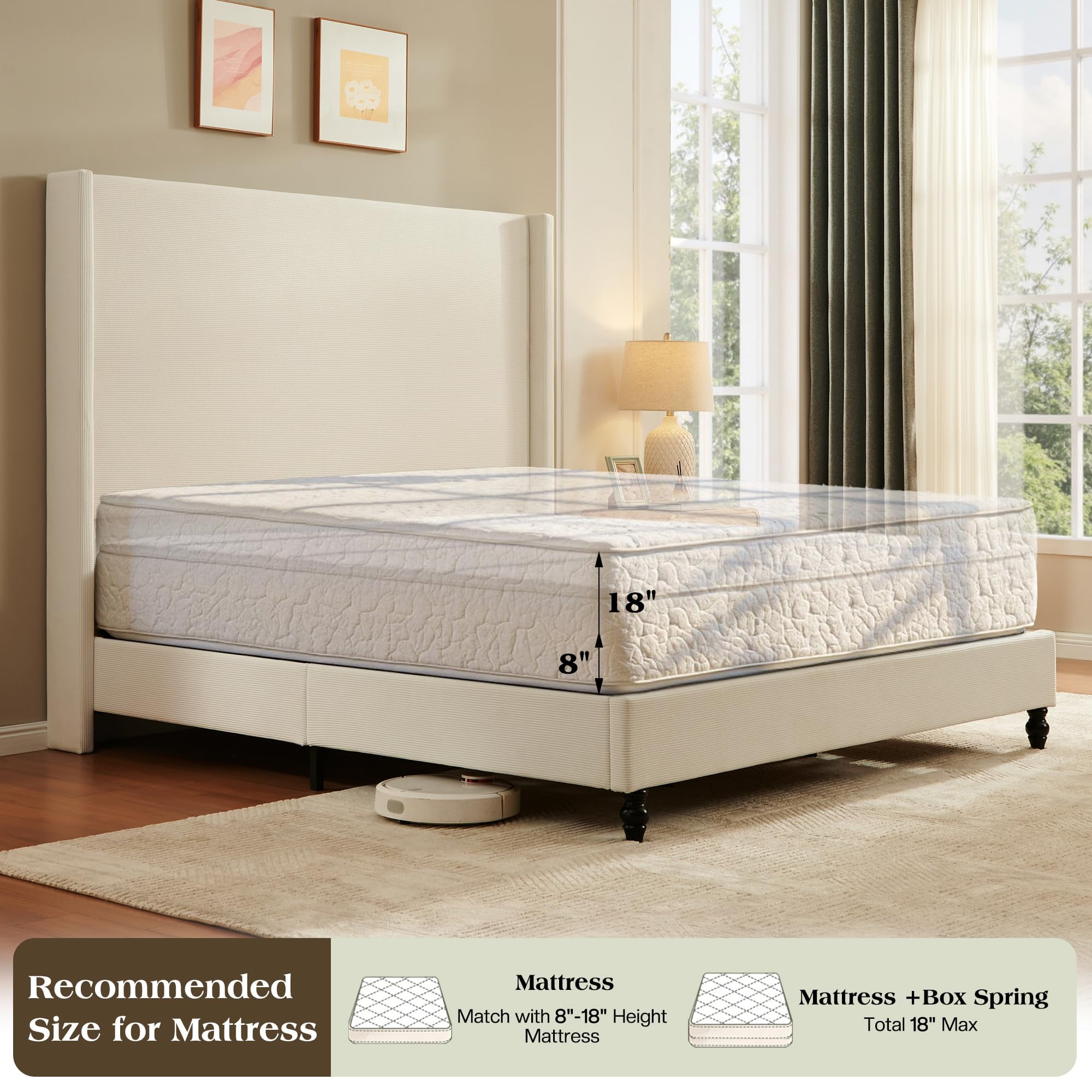 VanAcc Queen Bed Frame with 63" Tall Headboard, Horizontal Fine Corduroy Bed Frame with Upholstered Wingback, Vintage Solid Wood Gourd Legs, Cream