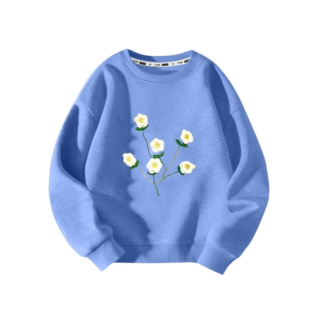Chandails en Molleton pour Filles 3 4 5 6 7 8 9 Ans Chaud Coton Col Rond Manches Longues Imprimé Floral Chandail (3-4T, Bleu Clair)