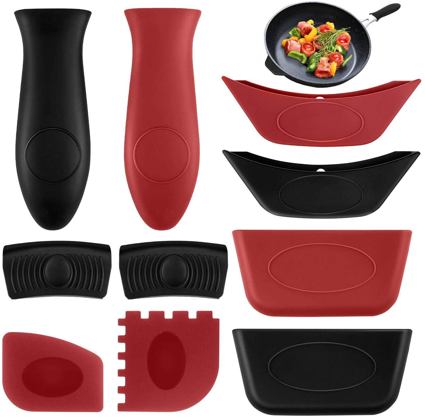 10PCS Silicone Hot Handle Holders Kit and Pot Holders Cover Removable Hot Resistant Pot Holder Handle Sleeves Lid Covers for Cast Iron Skillets Metal Frying Pans Aluminum Cookware Black Scraper 