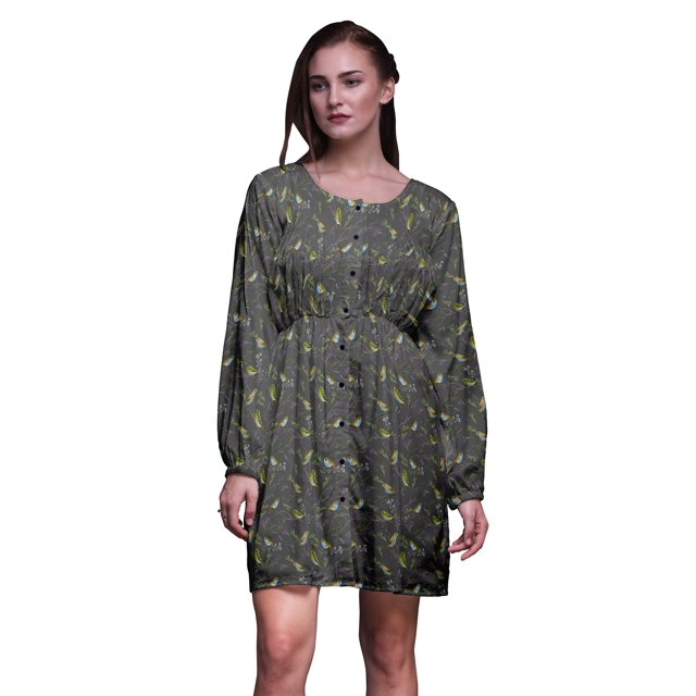 Bimba Robe Midi à Manches Longues pour Femmes, Coupe Décontractée, Imprimé Baies et Oiseaux, Gris Bleu, Taille Moyenne