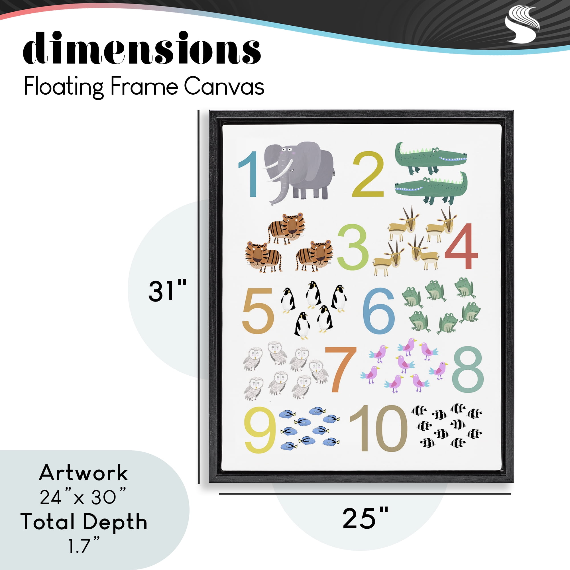 Kid's Counting Animals Black Framed Floater Canvas Wall Art, design by Carla Daly