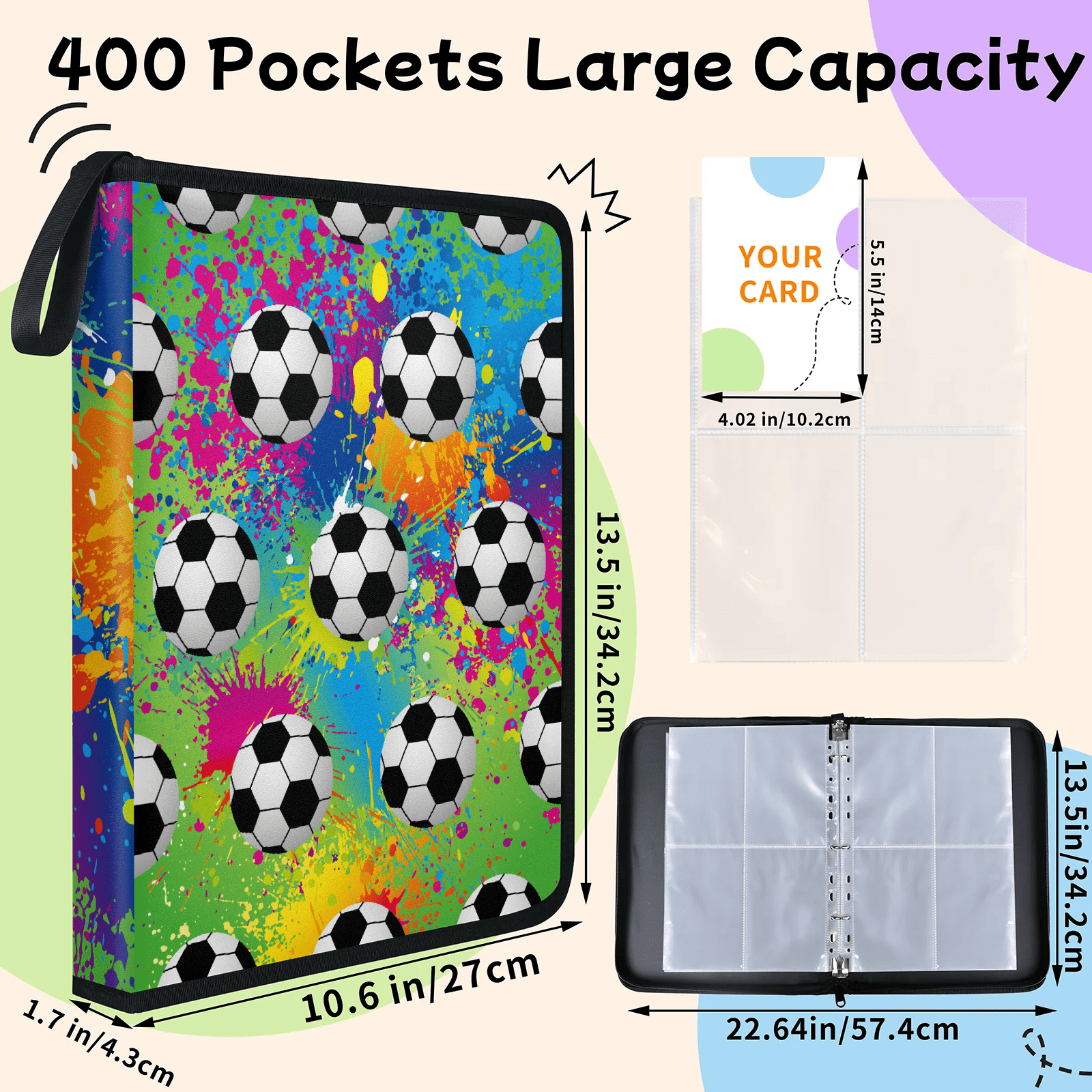Trading Card Binder 4 Pocket Card Binder 400 Pockets Trading Card Albums with 50 Removable Sleeves 3-Ring Zip Design Card Book Holder Cards for Sport Collectible
