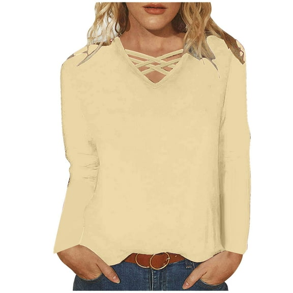 Womens Plus Size Tops, Long Sleeve Shirts for Women Fall Fashion Loose Fit Solid Color Hollow V Neck T-Shirts S-5XL
