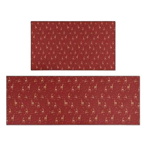 Red Christmas Deer Pattern Kitchen Rugs Sets Of 2,Anti Fatigue Kitchen Mat Rugs Non Slip Washable,Decorative Kitchen Floor Mats for Kitchen,Sink,Laundry,17"x30" 17"x47"