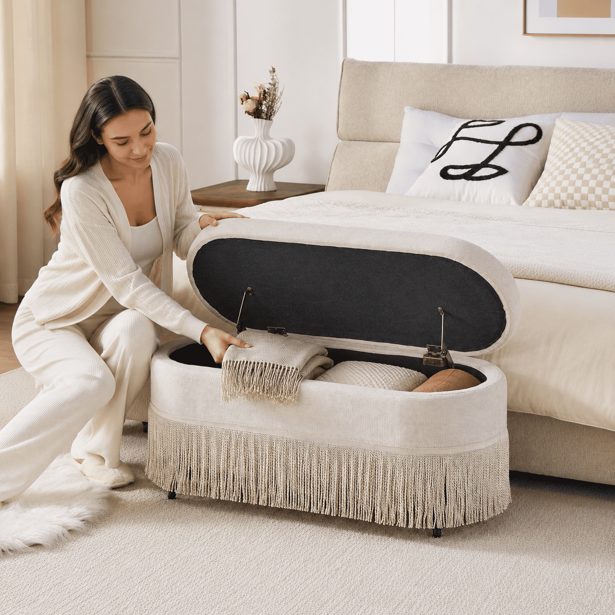 Aukfa Oval Storage Ottoman Bench with Tassel Trim, Upholstered End of Bed Bench with Hidden Storage, Metal Legs,Beige