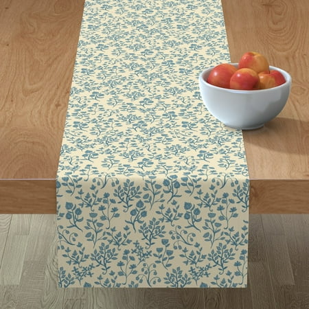 Cotton Sateen Table Runner  108  - Forest Blooms Cream Blue Ditzy Flowers Tiny Floral Vintage Antique Toile Garden Plants Print Custom Table Linens by Spoonflower