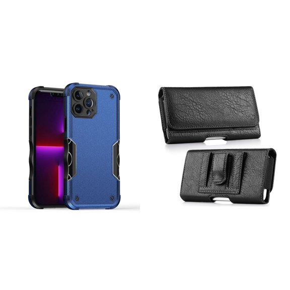 Case with Belt Holster Bundle for iPhone 14 Plus: Slim EX Hybrid Series Shockproof Case (Blue) and Coin Card Wallet Phone Pouch