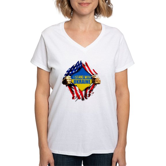 CafePress - I Stand With Ukraine Support Ukraine Flag T Shirt - Womens Cotton V-Neck T-shirt
