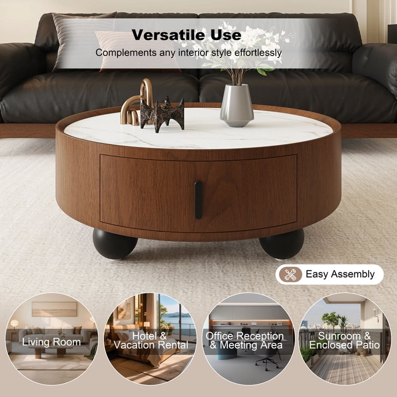 Euroco 35.43 Inch Round Coffee Table with Storage Drawer, Mid-Century Modern Accent Tea Table with Marble-Look Stone Top for Living Room,Home Office,Walnut