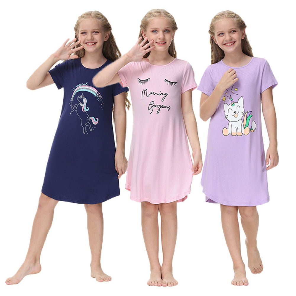 ESHOO Teens Little Girls Nightgowns Short Sleeve Pajama Cartoon Print
