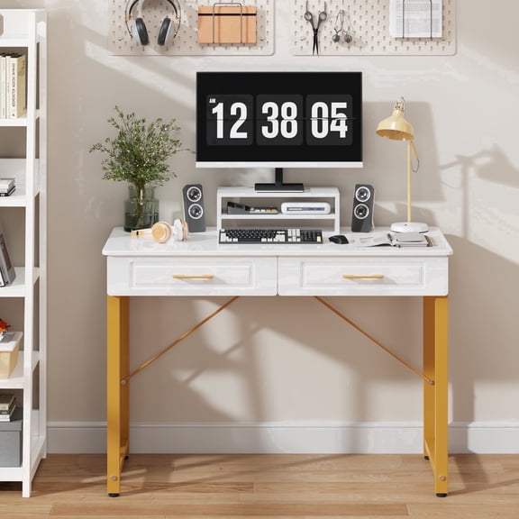 GYIIYUO White Modern Writing Desk with 2 Drawers, Office Desk with Glossy Curved Desktop, Computer Desk with Movable Stand for Bedroom Home Office, White and Gold