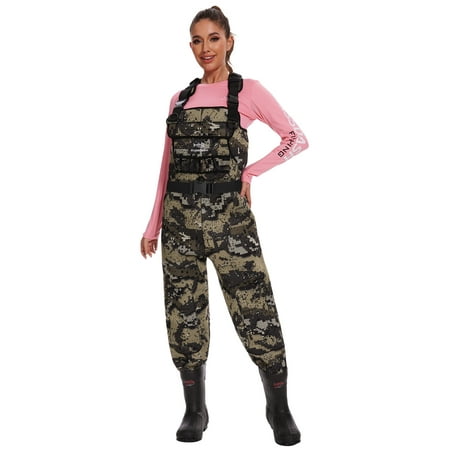 BASSDASH Women Neoprene Chest Waders Desolve Bare Camo for Fishing Hunting with 600 Grams Insulated Rubber Boot Foot