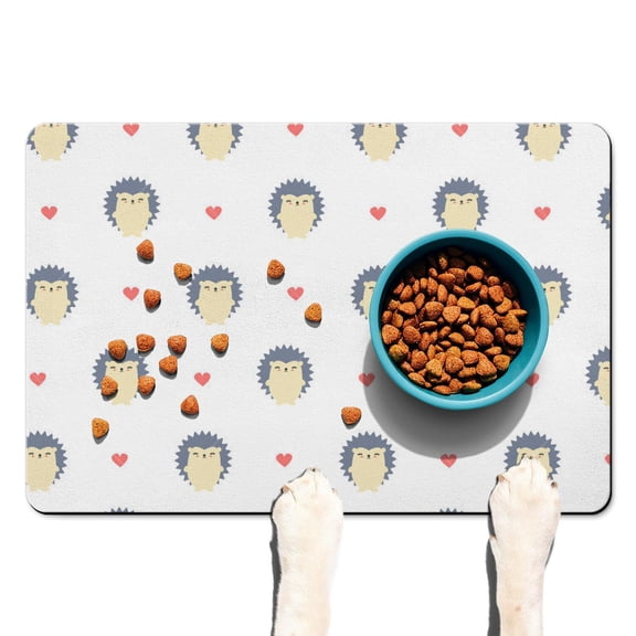 Playful Hedgehog & Forest Pet Food Mat - Waterproof Dog Bowl Mat with Colorful Hedgehog Design, Easy to Clean