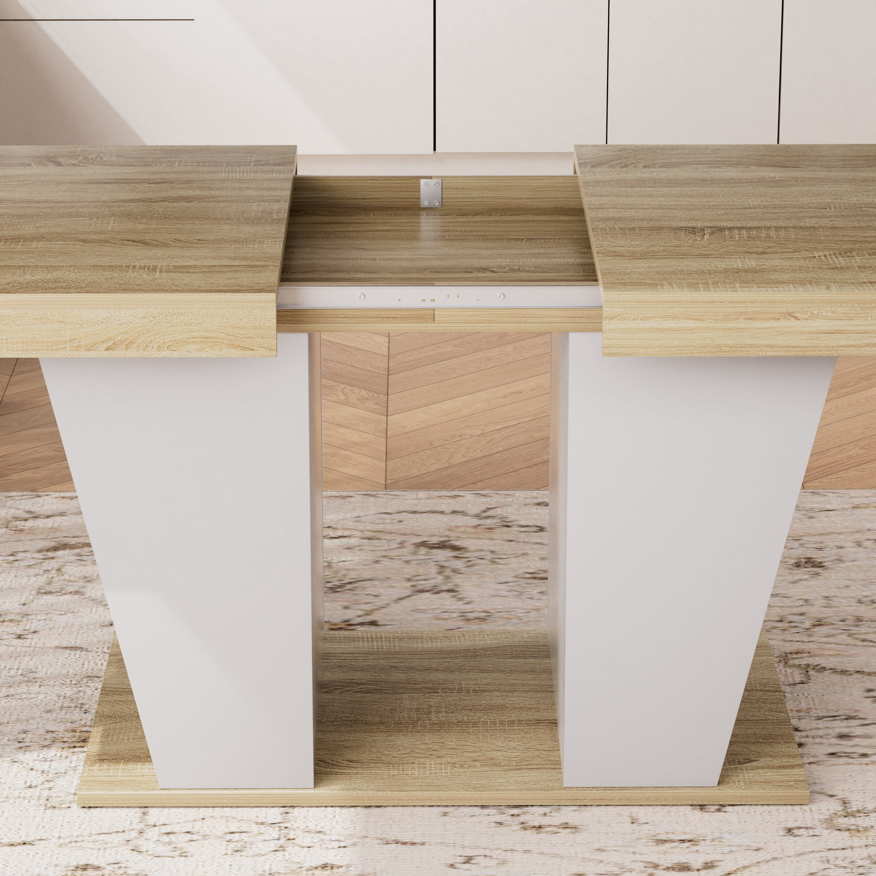 78.7" Rustic-Style Extendable Dining Table, Seats 8–10 People, Dining Table With Storage Shelves On Both Sides, Mid-Century Modern-Style Extendable Wooden Kitchen Table, Natural+White