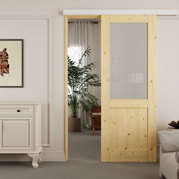 36" x 80" Solid Pine And Frosted Glass Sliding Barn Door With Hidden Track Installation Hardware Kit/No Assembly Required