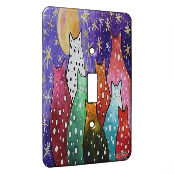 KuzmarK™ Single Gang Toggle Switch Wall Plate - Polka Dot Kitties with Moon and Stars Abstract Cat Art by Denise Every