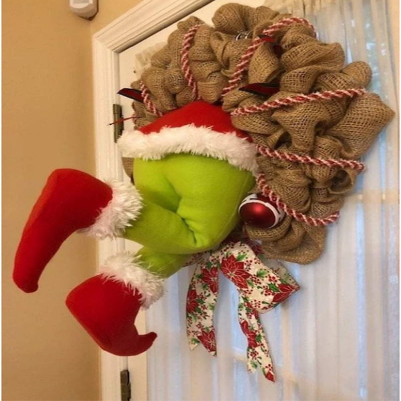 Christmas Wreath Thief Burlap Stealer Grinch Legs Holiday Garland Front Door 