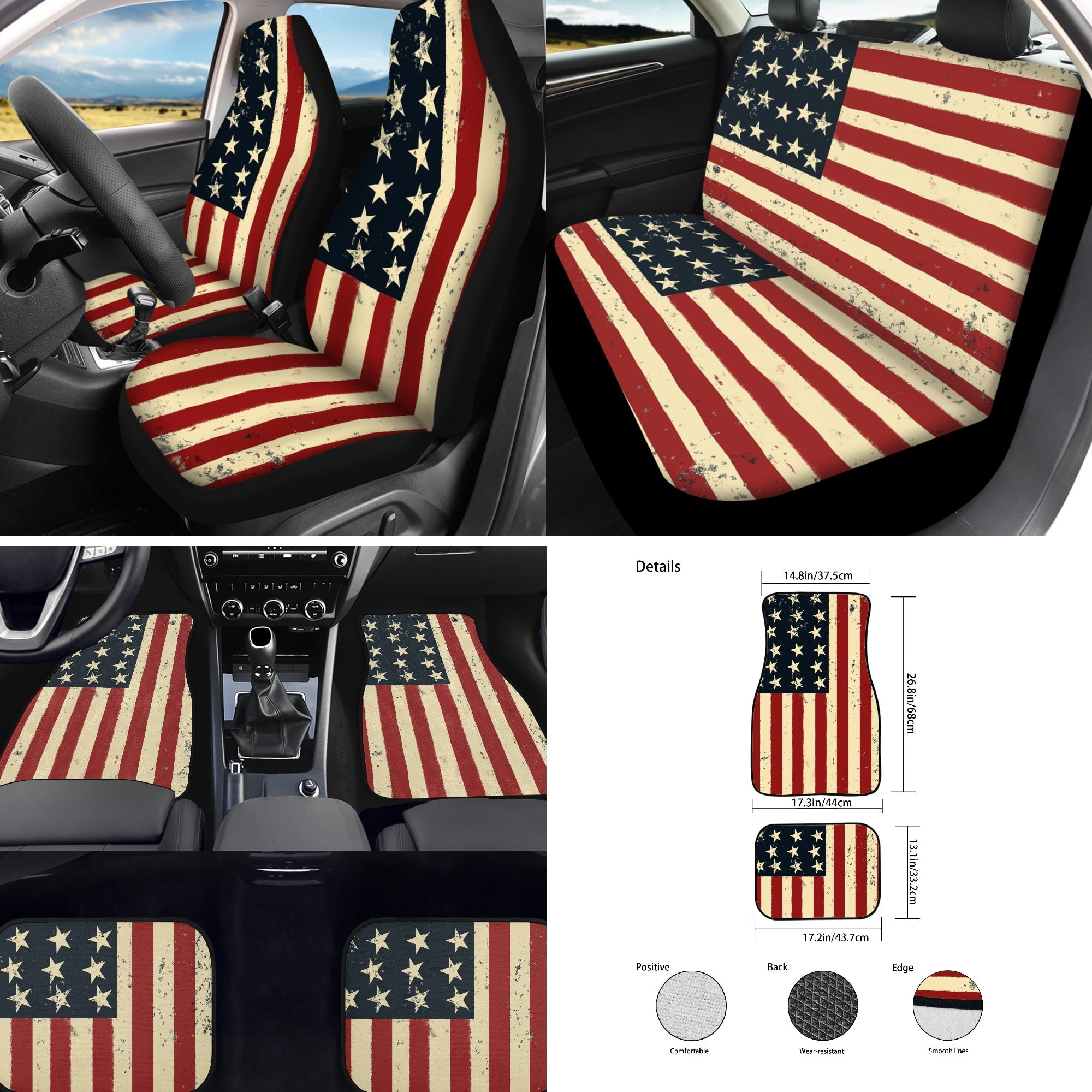 Jeiento American Flag 17 Pieces Car Seat Cover Full Set for Women Men, 4Th of July Car Floor Mat, Seat Belt Cover for Adult Steering Wheel Cover Car Accessories for Car SUV Truck