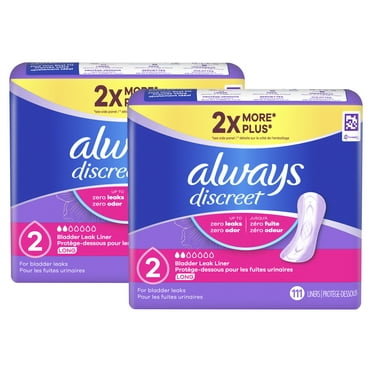 Always Discreet Incontinence Panty Liners for Bladder Leaks, Size 2, Very Light Absorbency, Long Length, 222 CT
